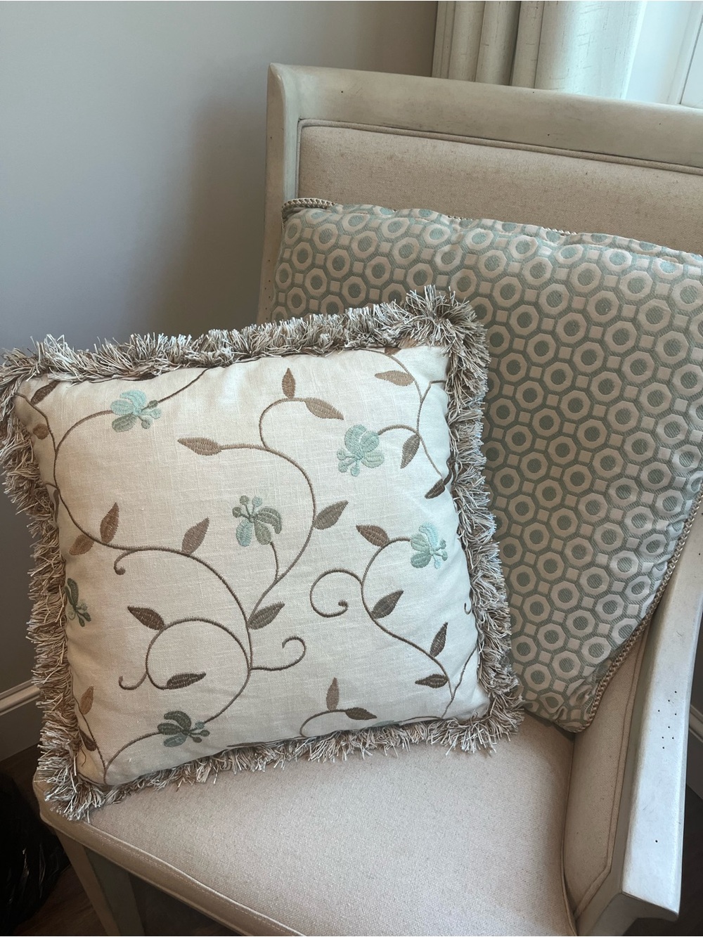 Decorative Cream Floral Throw Pillow with Fringe